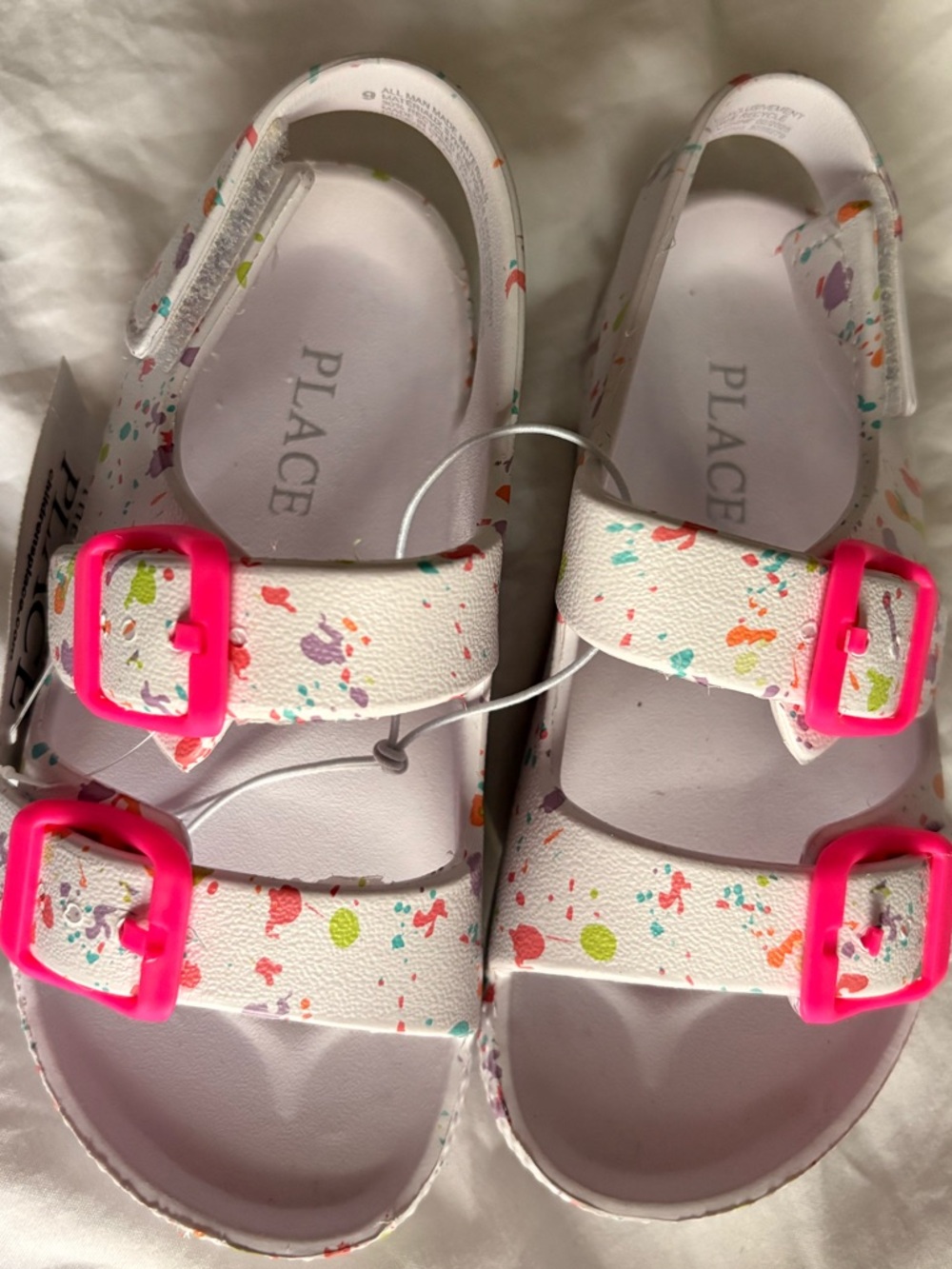 The Children's Place White Paint-Splatter Sandals with Pink Buckles